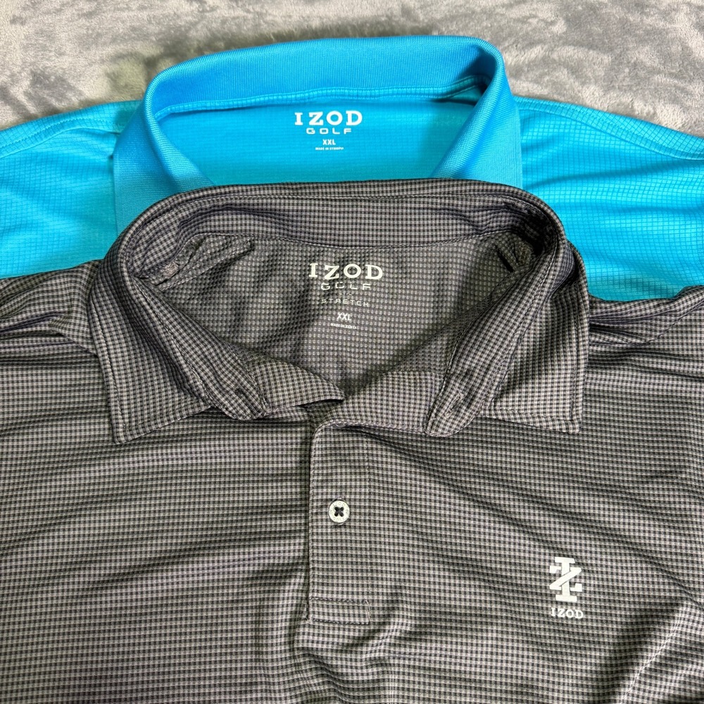 Lot of 2 IZOD Golf Polo Shirts Mens XXL Blue Grey Micro Grid Stretch Performance